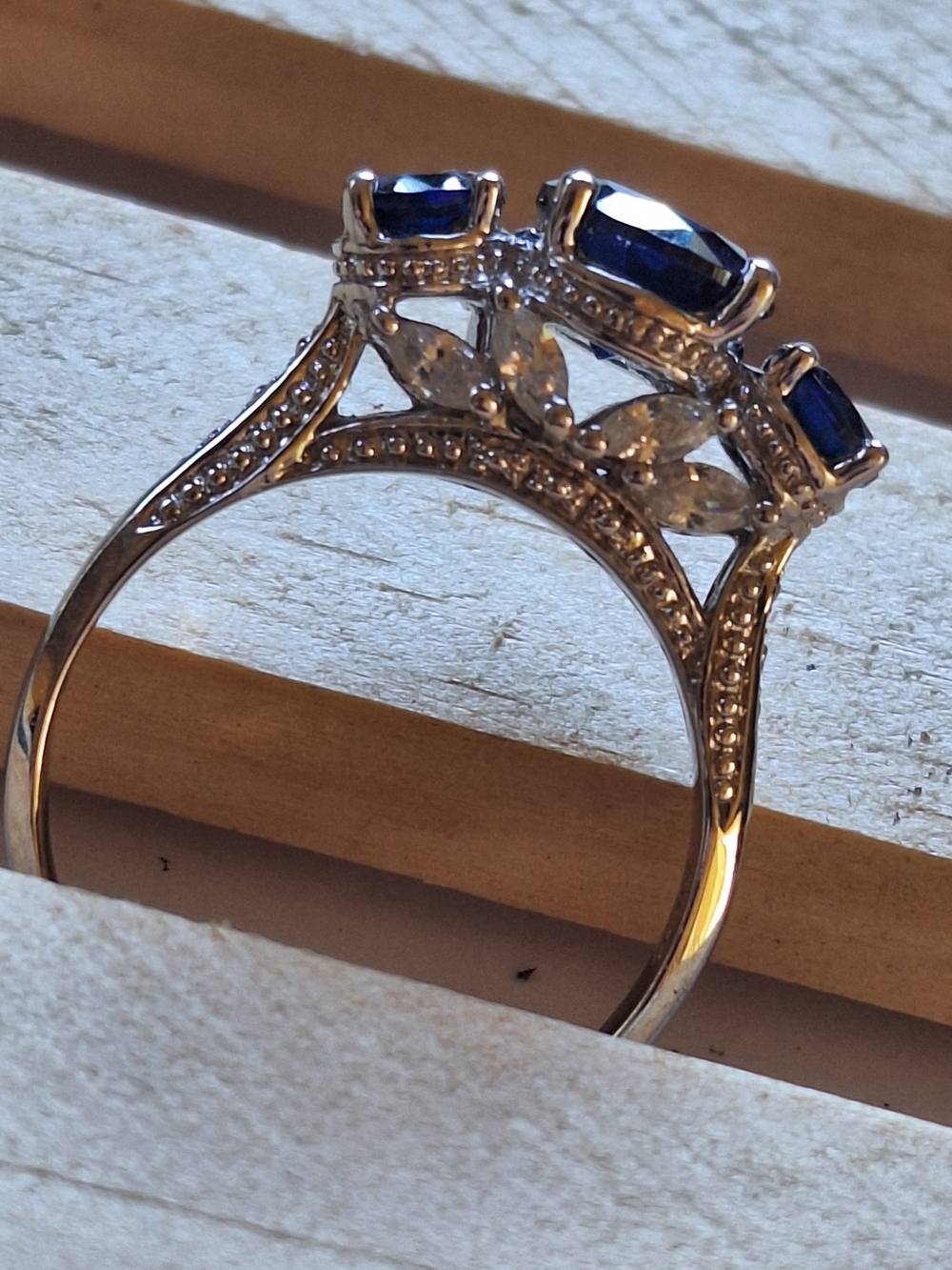 Blue Crystal and Cubic Zirconia Three-Stone Ring - Women Jewelry